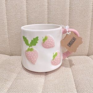 NEW LANG Pink Strawberry Embossed Ceramic Coffee Mug White Hand Painted‎ Fruit
